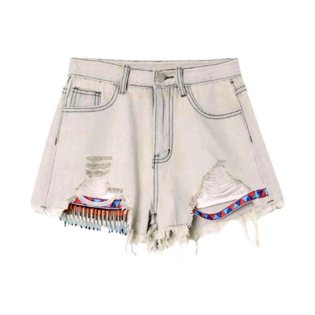 Distressed-Jeansshorts mit indischer Stickerei