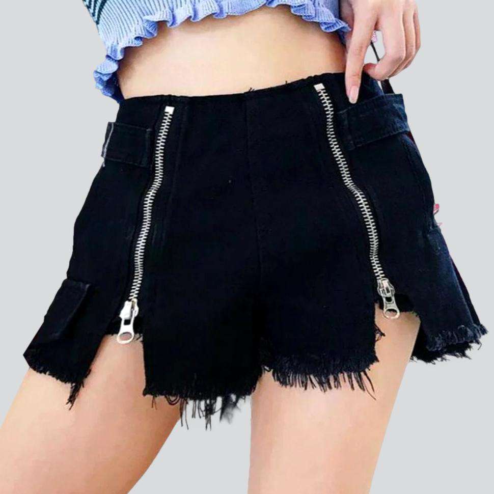 Distressed denim shorts with zippers