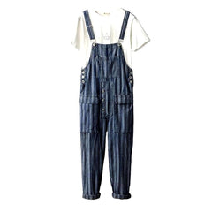 Stripes print cargo denim jumpsuit