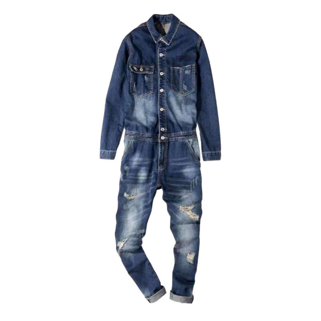 Dark wash distressed denim overall