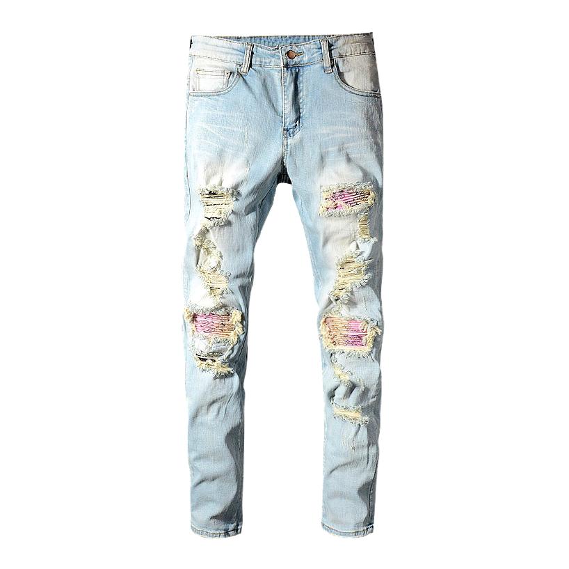 Pink patchwork distressed men jeans