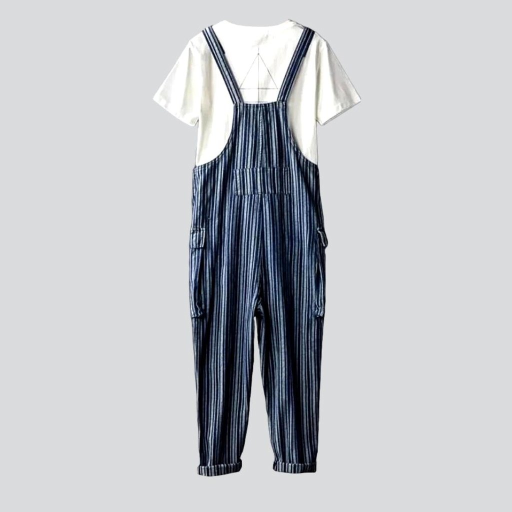 Stripes print cargo denim jumpsuit