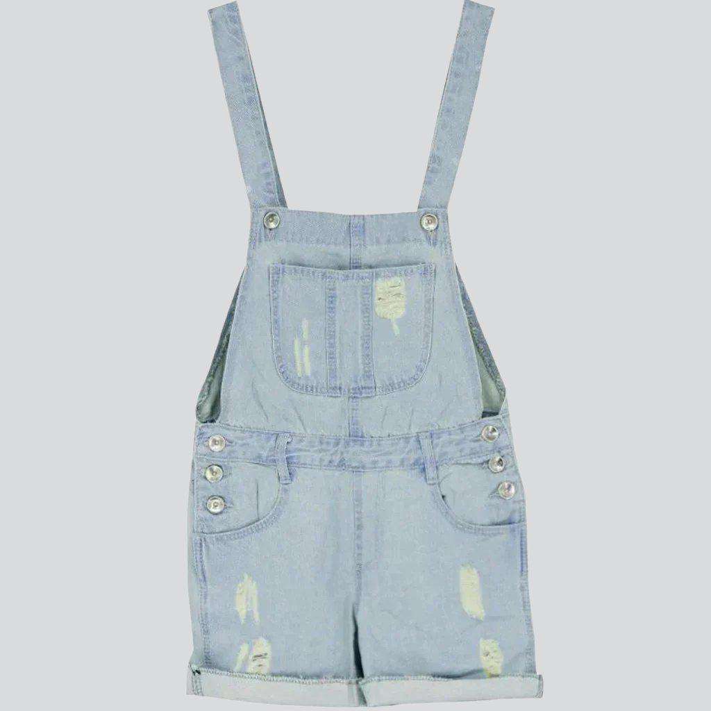 Light wash ripped denim romper