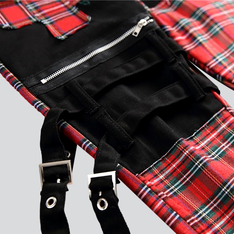 Red checkered patchwork men jeans