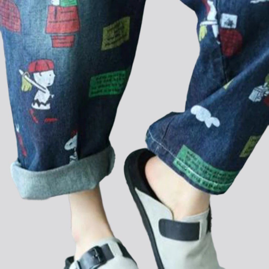 Baggy cartoon print denim jumpsuit for women