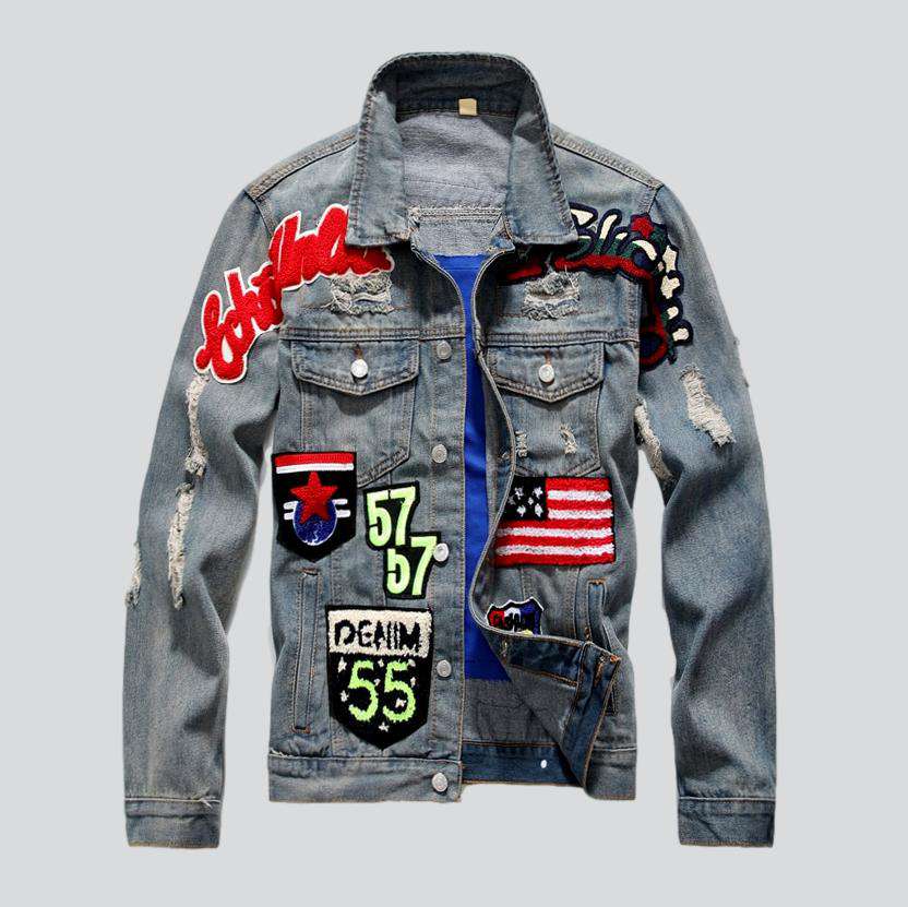 Color embroidery men denim jacket