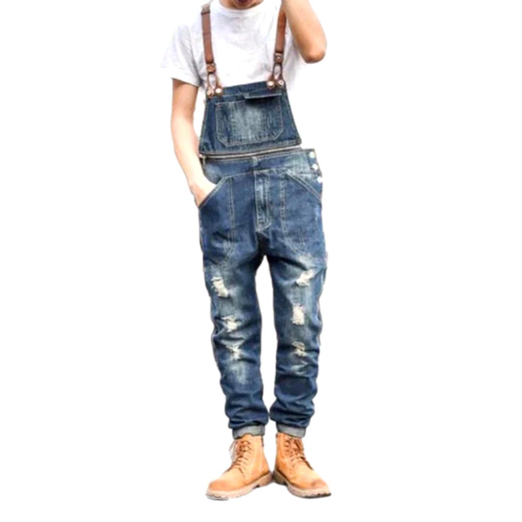 Slim-fit distressed men denim jumpsuit