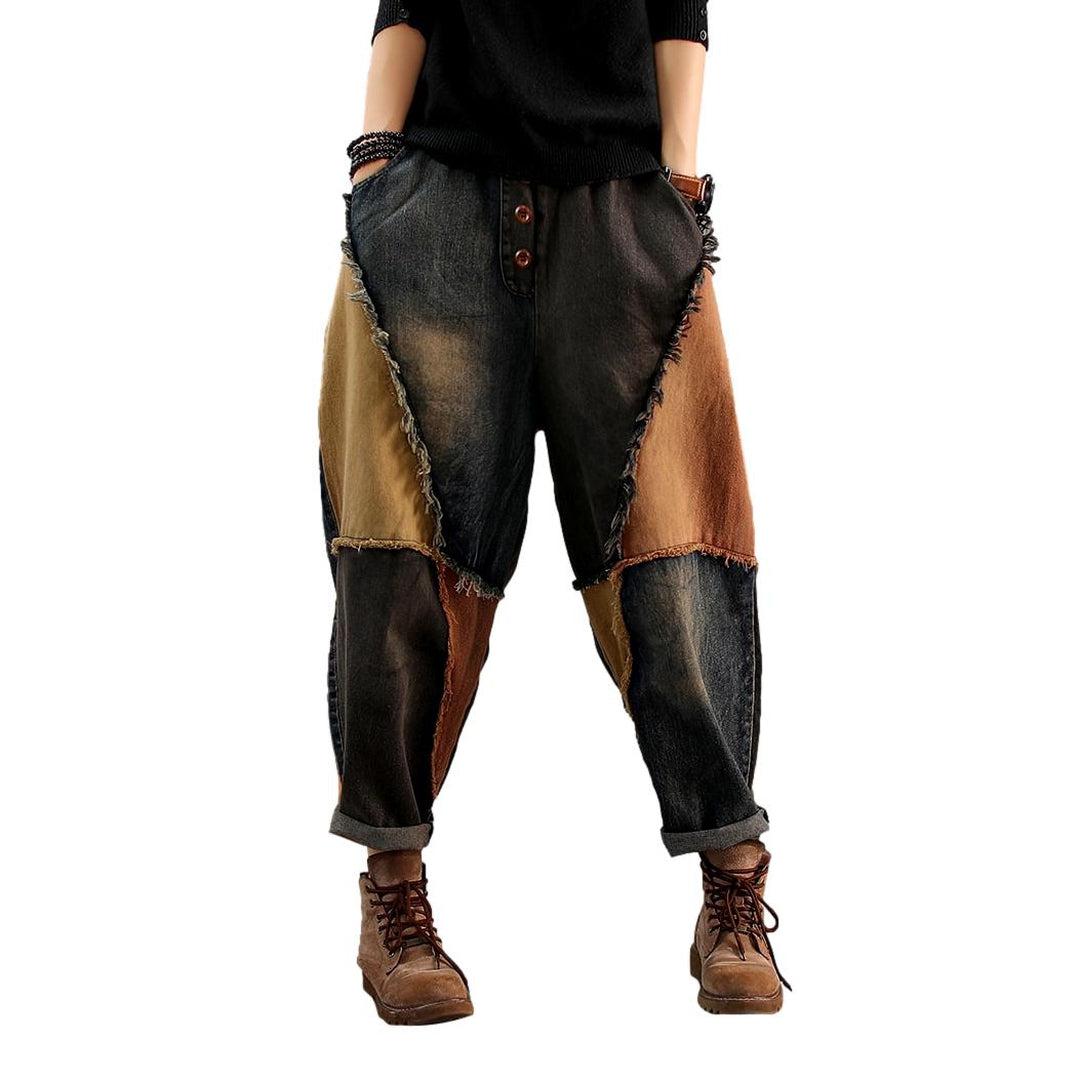 Orange patchwork baggy denim pants