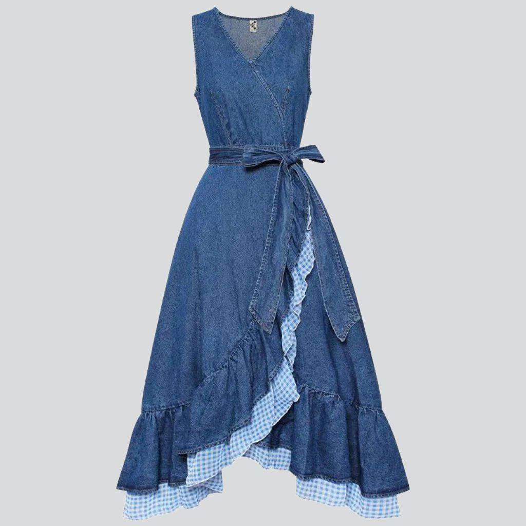 Asymmetric denim dress with ruffles