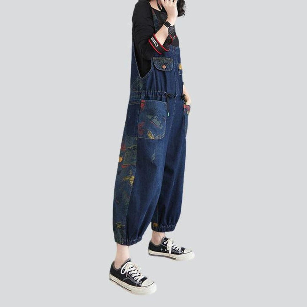 Women denim overall with drawstrings