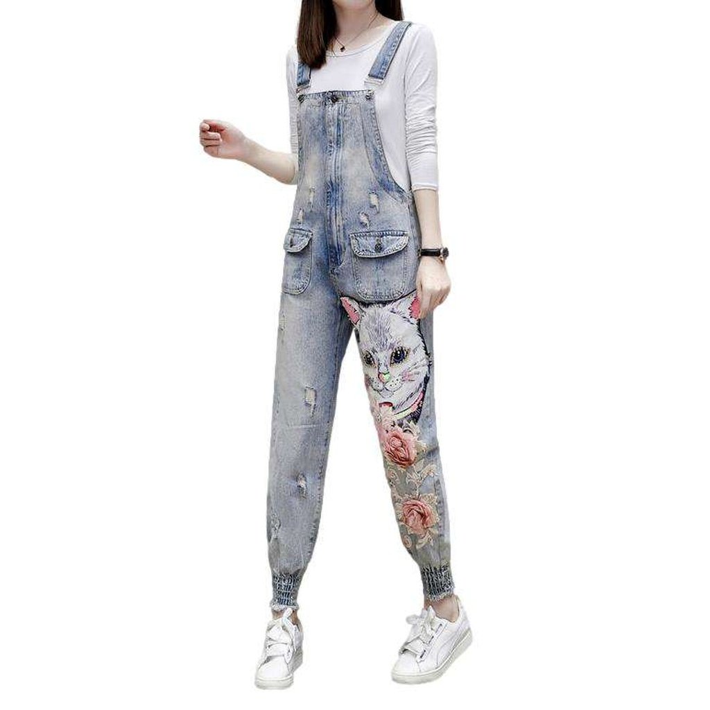 Cat embroidery women denim jumpsuit