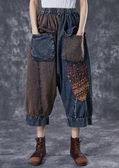 Handmade Applique Asymmetrical Patchwork Pockets Denim Pants