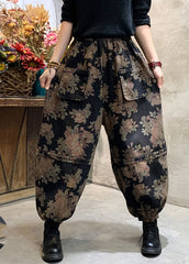 Handgemachte schwarze Print Jeanslaternenhose Winter