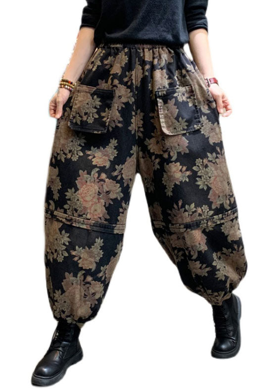 Handgemachte schwarze Print Jeanslaternenhose Winter