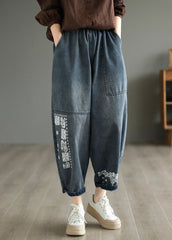 Handmade Blue Embroideried Patchwork Pockets Denim Harem Pants