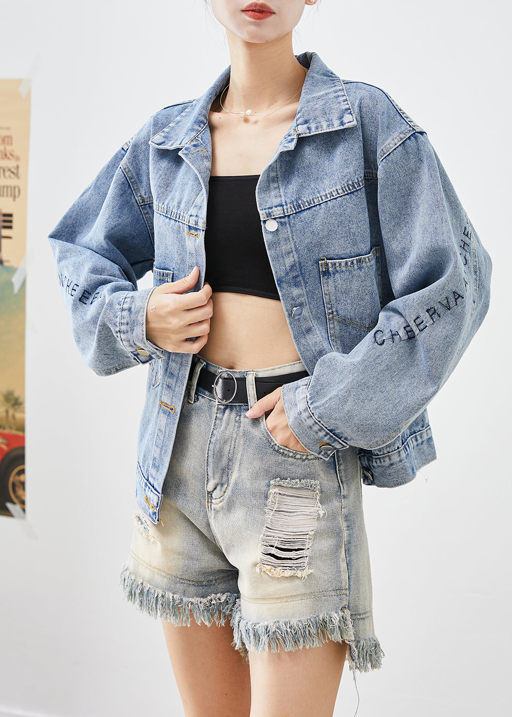 Handmade Blue Letter Embroideried Denim Coat Outwear Fall