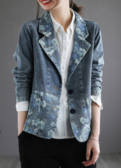 Handmade Blue Notched Print Button Denim Coat