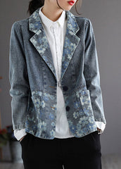 Handmade Blue Notched Print Button Denim Coat