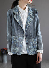 Handmade Blue Notched Print Button Denim Coat