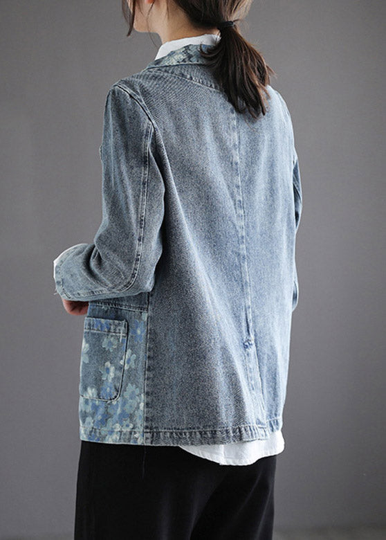 Handmade Blue Notched Print Button Denim Coat