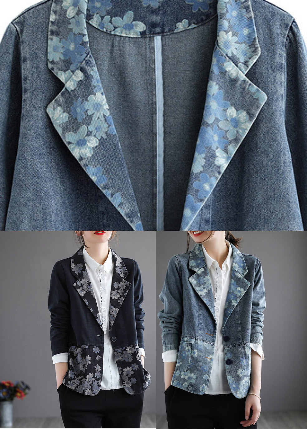 Handmade Blue Notched Print Button Denim Coat