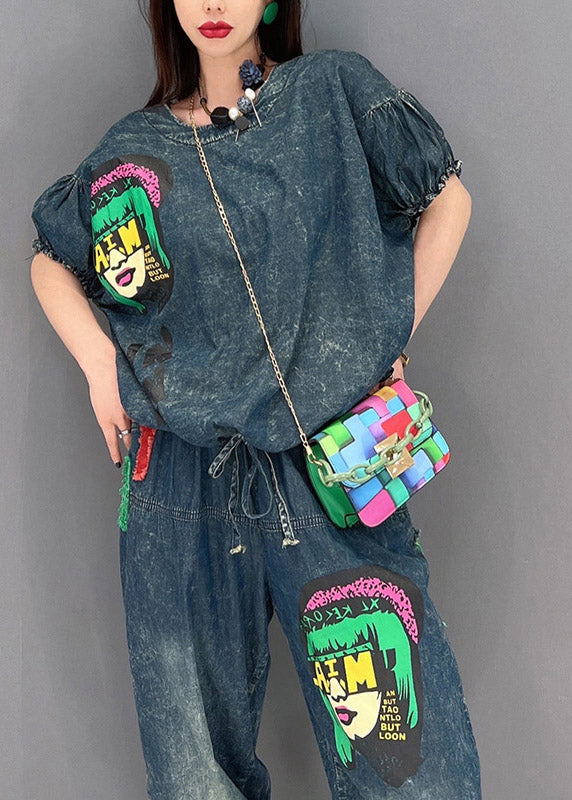 Handmade Blue O-Neck wrinkled Appliques Denim tops and pants Two Piece Set Clothing Short Sleeve