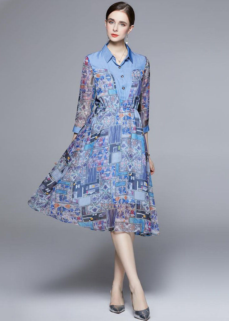 Handmade Blue Peter Pan Collar Denim Patchwork Print Chiffon Dress Long Sleeve