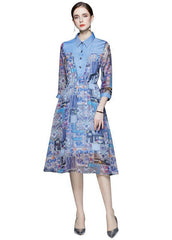 Handmade Blue Peter Pan Collar Denim Patchwork Print Chiffon Dress Long Sleeve