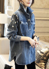 Handmade Blue Square Collar Pearl Patchwork Denim Coats Long Sleeve