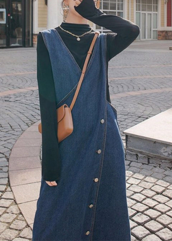 Handgemachte blaue V-Ausschnitt asymmetrisches Design Patchwork Denim Maxi Kleider Herbst