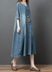 Handmade Blue V Neck Button Patchwork Fall Denim Half Sleeve Maxi Dress