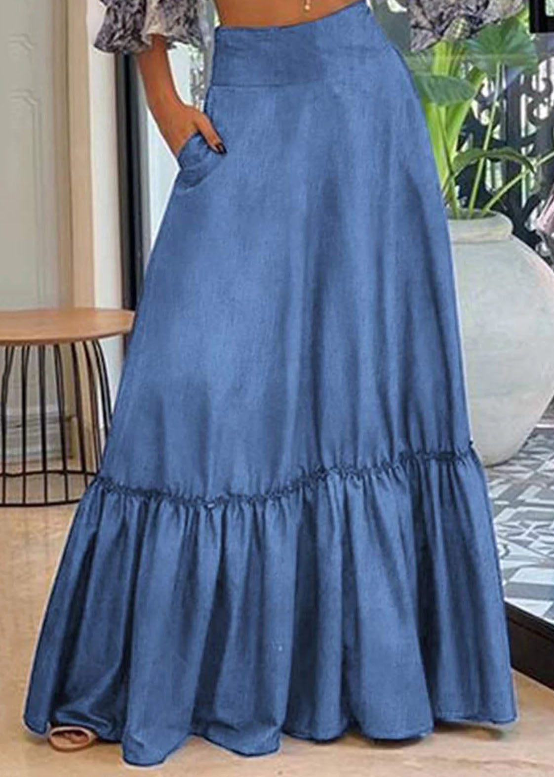 Handmade Blue Wrinkled Patchwork High Waist Denim Maxi Skirt