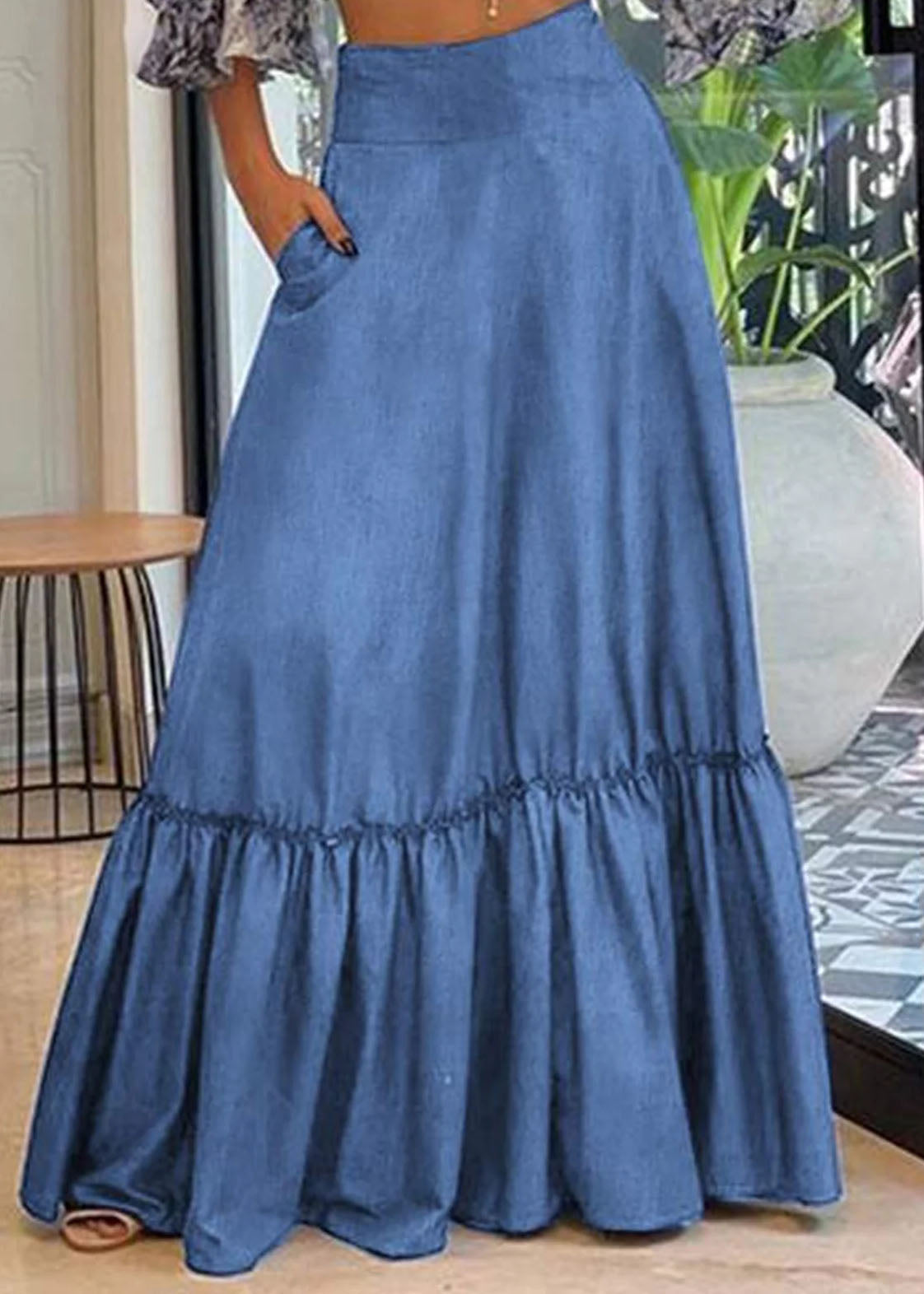 Handmade Blue Wrinkled Patchwork High Waist Denim Maxi Skirt