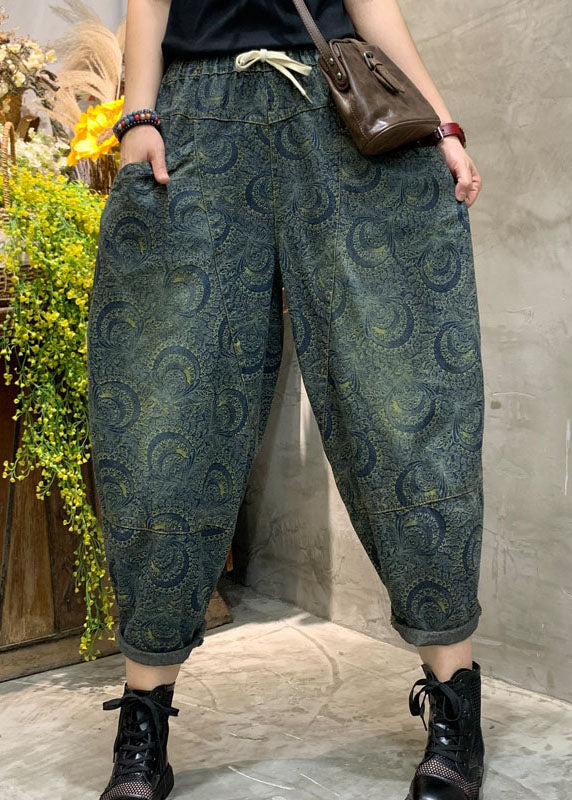 Pantalones vaqueros de cintura alta con estampado azul hechos a mano