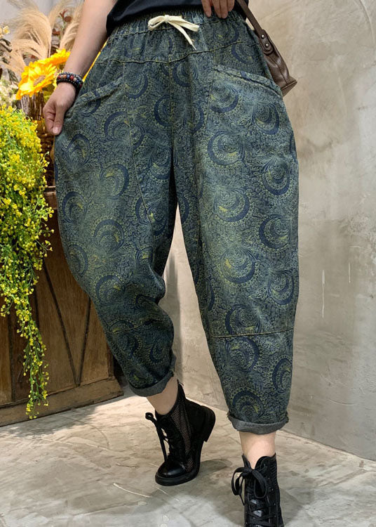 Pantalones vaqueros de cintura alta con estampado azul hechos a mano