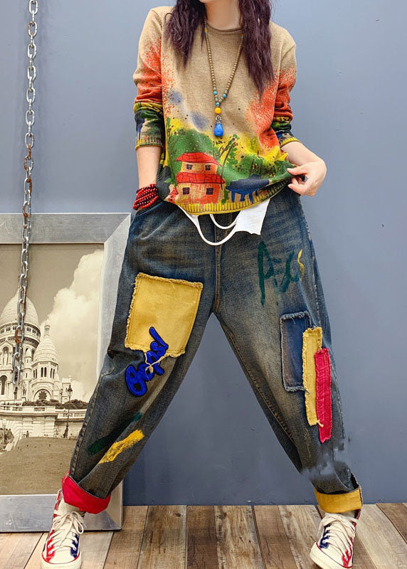 Pantalones vaqueros con apliques de parche azul hechos a mano