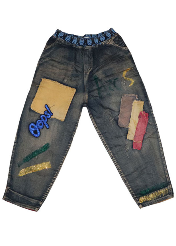 Pantalones vaqueros con apliques de parche azul hechos a mano