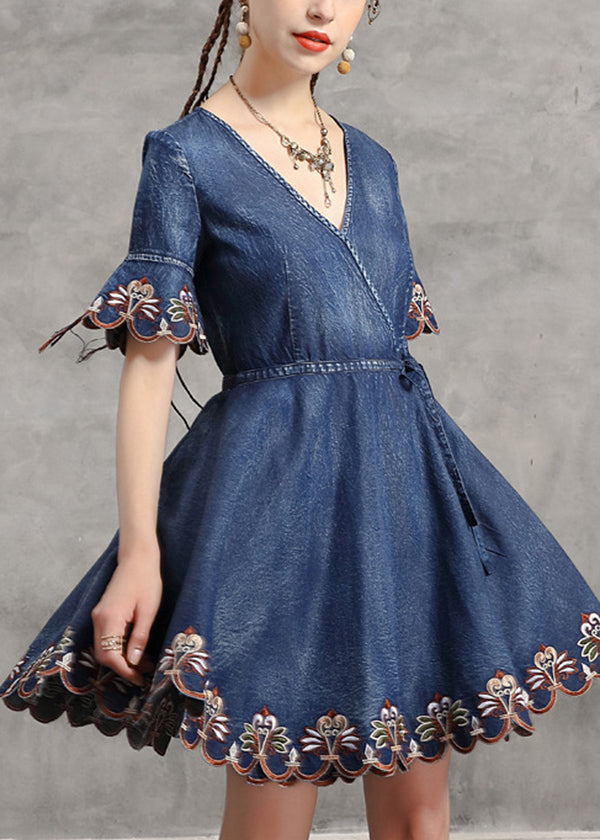 Handmade Denim Blue V Neck Embroideried Tie Waist Cotton Mini Dresses Short Sleeve