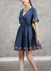 Handmade Denim Blue V Neck Embroideried Tie Waist Cotton Mini Dresses Short Sleeve