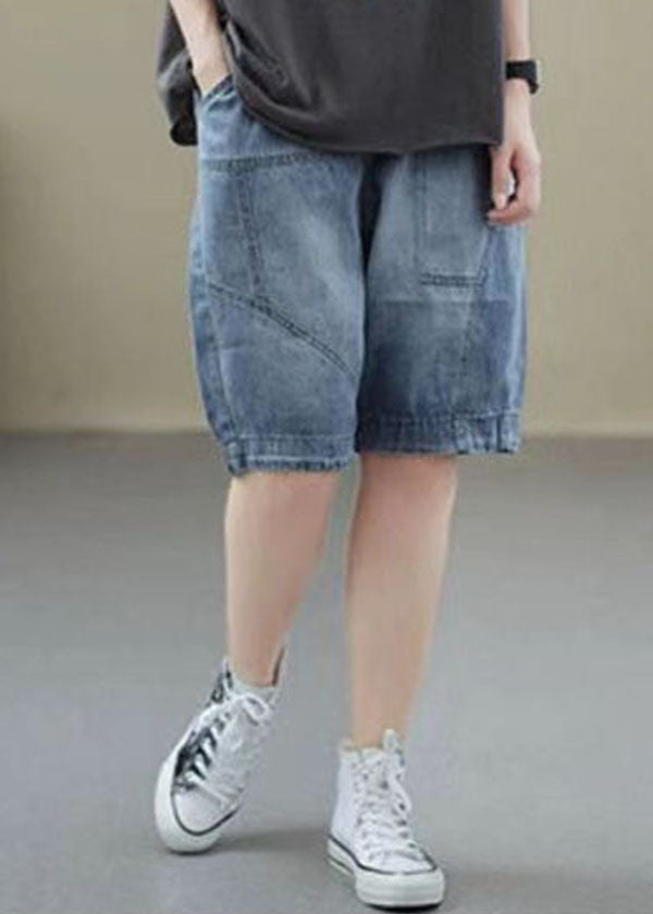 Handmade Denim Light Blue Elastic Waist Pockets Patchwork Cotton Short Pants