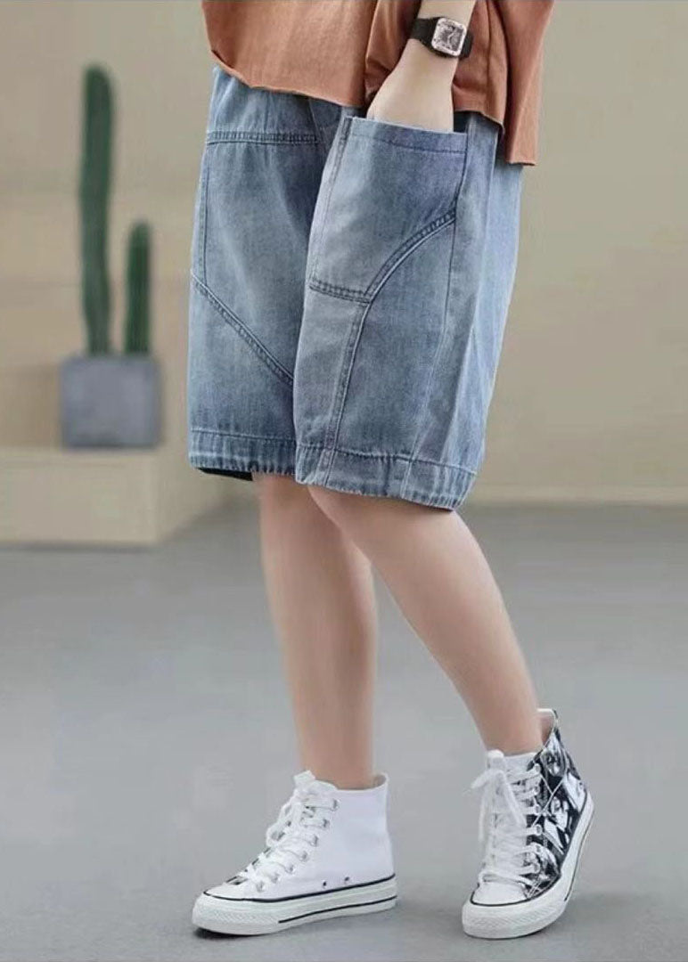 Handmade Denim Light Blue Elastic Waist Pockets Patchwork Cotton Short Pants