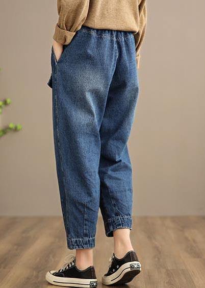 Handmade Casual Pants Oversize Denim Blue-Pocket Photography Elastic Waist Trousers