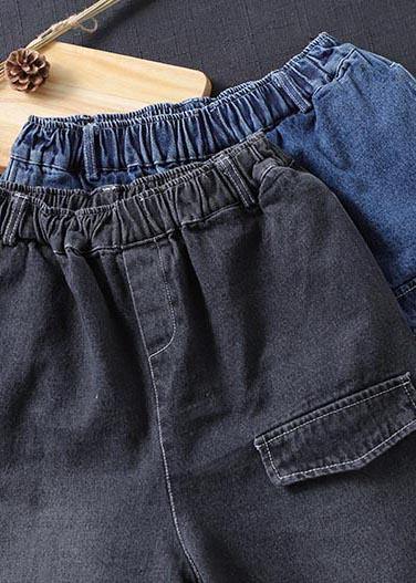Handmade Casual Pants Oversize Denim Blue-Pocket Photography Elastic Waist Trousers
