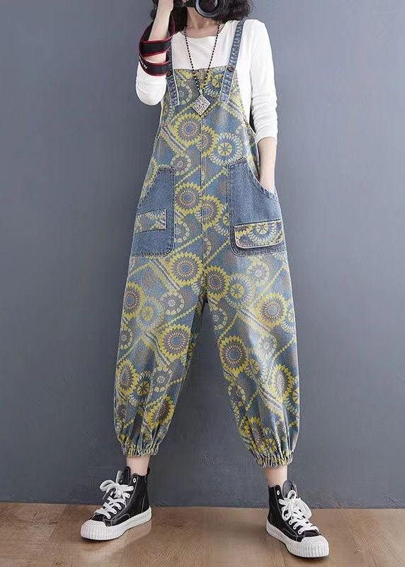 Handmade Yellow Print Denim Spaghetti Strap Jumpsuits