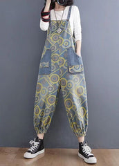 Handmade Yellow Print Denim Spaghetti Strap Jumpsuits