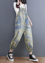 Handmade Yellow Print Denim Spaghetti Strap Jumpsuits