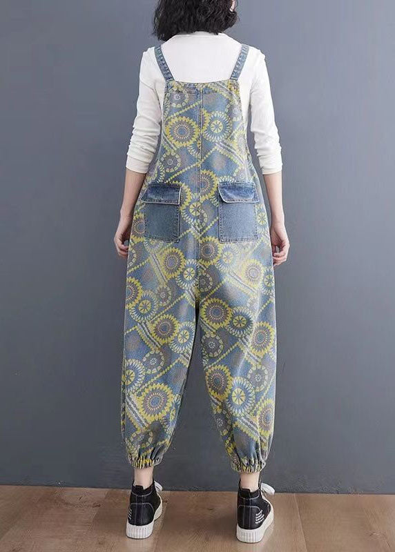 Handmade Yellow Print Denim Spaghetti Strap Jumpsuits