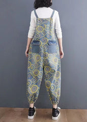 Handmade Yellow Print Denim Spaghetti Strap Jumpsuits