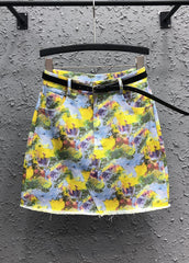 Handmade Yellow Print Pockets Patchwork Denim Skirt