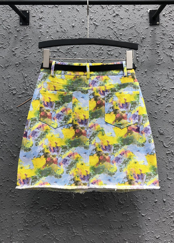 Handmade Yellow Print Pockets Patchwork Denim Skirt